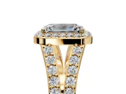 Halo Engagement Ring Setting for Emerald Cut Center with Narrow Pave Split Shank and Prong Head in Yellow Gold