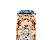 Pave Engagement Ring Setting for Fancy Blue Radiant Cut Center with Curved Accent Rows, Openwork and Prong Head in Rose Gold