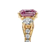 3 Stone Engagement Ring Setting for Fancy Pink Asscher Cut Center with Crossover Basket, Pave Band and Prong Head in Yellow Gold