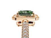 Milgrain Halo Engagement Ring Setting for Fancy Green Radiant Cut Center with Three-Sided Pave Band and Prong Head in Rose Gold