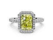 Halo Engagement Ring Setting for Fancy Yellow Radiant Cut Center with Inner Milgrain Border and Prong Head in Platinum
