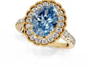 Milgrain Floral Halo Engagement Ring Setting for Fancy Blue Oval Center with Pave Band and Prong Head in Yellow Gold