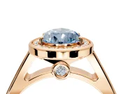 Halo Engagement Ring Setting for Fancy Blue Pear-Shaped Center with Outer Bezel Rim, Pave Band and Prong Head in Rose Gold