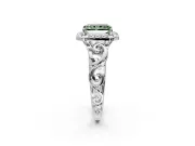 Halo Engagement Ring Setting for Fancy Green Radiant Cut Center with Open Scroll Shoulders and Prong Head in Platinum