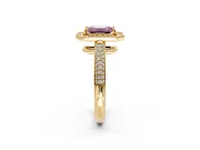 Milgrain Halo Engagement Ring Setting for Fancy Pink Emerald Cut Center with Three-Sided Pave Band and Prong Head in Yellow Gold