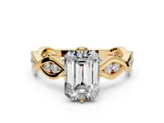 Solitaire Engagement Ring Setting for Emerald Cut Center with Accented Twist Band and Leaf Prong Head in Yellow Gold