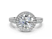 Bezel-Framed Halo Engagement Ring Setting for Round Cut Center with Pave Band and Prong Head in Sterling Silver