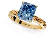 Solitaire Engagement Ring Setting for Fancy Blue Radiant Cut Center with Scrollwork Band and Prong Head in Yellow Gold