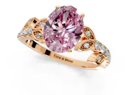 Leaf Motif Engagement Ring Setting for Fancy Pink Oval Center with Pave Band and Prong Head in Rose Gold