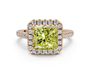 Halo Engagement Ring Setting for Fancy Yellow Princess Cut Center with Narrowing Pave Band and Prong Head in Rose Gold