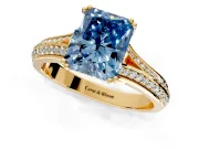 Solitaire Engagement Ring Setting for Fancy Blue Radiant Cut Center with Pave Rail Split Shank and Prong Head in Yellow Gold