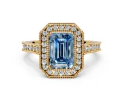 Halo Engagement Ring Setting for Fancy Blue Emerald Cut Center with Milgrain Pave Band and Bezel Head in Yellow Gold