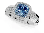 Halo Engagement Ring Setting for Fancy Blue Cushion Cut Center with Wide Band, Inlaid Accent Row and Prong Head in Sterling Silver