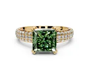 Solitaire Engagement Ring Setting for Fancy Green Princess Cut Center with Multi-Row Pave Accents and Basket Head in Yellow Gold