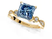Solitaire Engagement Ring Setting for Fancy Blue Princess Cut Center with Milgrain Bezel Accents and Prong Head in Yellow Gold