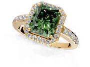 Halo Engagement Ring Setting for Fancy Green Radiant Cut Center with Heart-Shaped Openwork, Pave Band and Prong Head in Yellow Gold