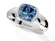 Tension Engagement Ring Setting for Fancy Blue Cushion Cut Center with Wide Flat Band and Tension Head in Platinum
