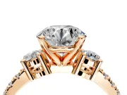 3 Stone Engagement Ring Setting for Round Cut Center with Round Cut Side Accents and Prong Head in Rose Gold