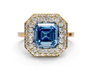 Halo Engagement Ring Setting for Fancy Blue Asscher Cut Center with Plain Tapered Band and Prong Head in Yellow Gold