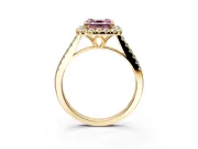 Halo Engagement Ring Setting for Fancy Pink Asscher Cut Center with Raised Halo, Pave Band and Prong Head in Yellow Gold