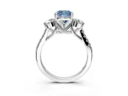 3 Stone Engagement Ring Setting for Fancy Blue Cushion Cut Center with Crossover Basket, Pave Band and Prong Head in White Gold