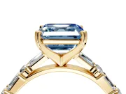 Baguette Engagement Ring Setting for Fancy Blue Asscher Cut Center with Alternating Bar-Set Band and Prong Head in Yellow Gold