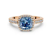 Halo Engagement Ring Setting for Fancy Blue Cushion Cut Center with Full Pave Band and Prong Head in Rose Gold