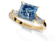 3 Stone Engagement Ring Setting for Fancy Blue Princess Cut Center with Channel Baguette Accents and Prong Head in Yellow Gold