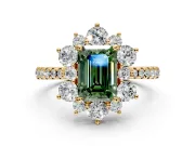 Floral Halo Engagement Ring Setting for Fancy Green Emerald Cut Center with Pave Accents and Prong Head in Yellow Gold