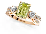 3 Stone Engagement Ring Setting for Fancy Yellow Emerald Cut Center with Pave Split Shank and Prong Head in Rose Gold