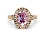 Halo Engagement Ring Setting for Fancy Pink Oval Center with Milgrain Halo, Pave Band and Prong Head in Rose Gold