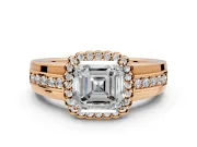 Halo Engagement Ring Setting for Asscher Cut Center with Wide Band, Inlaid Accent Row and Prong Head in Rose Gold