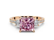 3 Stone Engagement Ring Setting for Fancy Pink Princess Cut Center with Round Cut Side Accents and Prong Head in Rose Gold