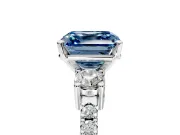 3 Stone Engagement Ring Setting for Fancy Blue Asscher Cut Center with Round Cut Side Accents and Prong Head in Platinum