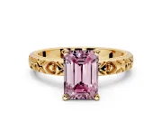 Solitaire Engagement Ring Setting for Fancy Pink Emerald Cut Center with XO Engraved Band and Prong Head in Yellow Gold