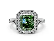 Halo Engagement Ring Setting for Fancy Green Radiant Cut Center with Milgrain Rim, Pave Band and Prong Head in Sterling Silver