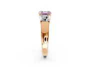 3 Stone Engagement Ring Setting for Fancy Pink Asscher Cut Center with Raised Basket Heads and Prong Head in Rose Gold