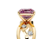 Solitaire Engagement Ring Setting for Fancy Pink Asscher Cut Center with Criss-Cross Accent Band and Prong Head in Yellow Gold