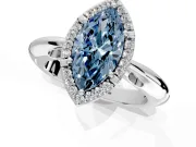 Halo Engagement Ring Setting for Fancy Blue Marquise Center with Tapered Plain Band and Prong Head in Platinum