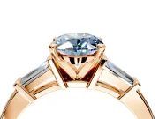 3 Stone Engagement Ring Setting for Fancy Blue Oval Center with Channel Baguette Accents and Prong Head in Rose Gold