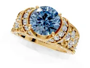 Pave Engagement Ring Setting for Fancy Blue Round Cut Center with Curved Accent Rows, Openwork and Prong Head in Yellow Gold