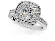 Halo Engagement Ring Setting for Cushion Cut Center with Milgrain Halo, Pave Band and Prong Head in White Gold
