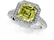 Milgrain Halo Engagement Ring Setting for Fancy Yellow Asscher Cut Center with Three-Sided Pave Band and Prong Head in White Gold