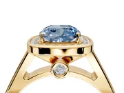 Halo Engagement Ring Setting for Fancy Blue Cushion Cut Center with Outer Bezel Rim, Pave Band and Prong Head in Yellow Gold