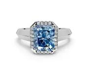 Halo Engagement Ring Setting for Fancy Blue Radiant Cut Center with Knife Ridge Cathedral Band and Prong Head in Sterling Silver