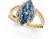 Halo Engagement Ring Setting for Fancy Blue Marquise Center with Rope Twist Split Shank and Prong Head in Yellow Gold