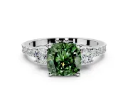 3 Stone Engagement Ring Setting for Fancy Green Cushion Cut Center with Round Cut Side Accents and Prong Head in White Gold