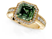 Milgrain Halo Engagement Ring Setting for Fancy Green Asscher Cut Center with Pave Band and Prong Head in Yellow Gold