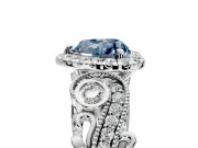 Milgrain Halo Engagement Ring Setting for Fancy Blue Heart-Shaped Center with Shoulder Bezels and Prong Head in White Gold