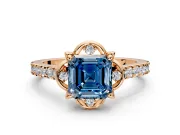 Floral Engagement Ring Setting for Fancy Blue Asscher Cut Center with Pave Band and Floral Prong Head in Rose Gold
